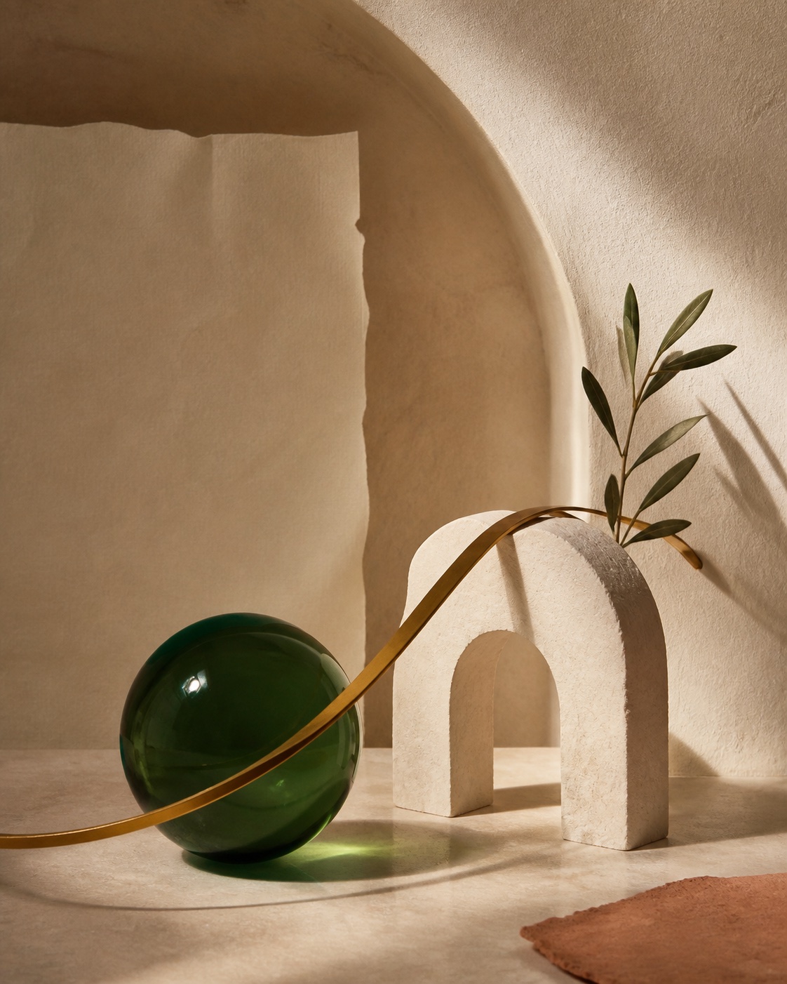 Cream stone, green glass, and brass arranged as an editorial still life